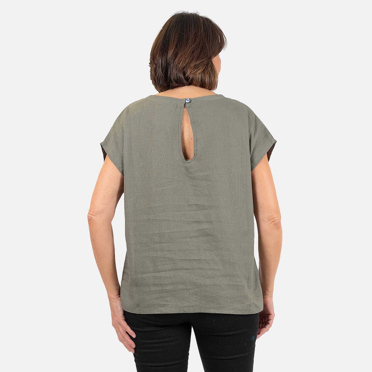 Ladies Crew Neck Linen Top (Size 14) - Khaki