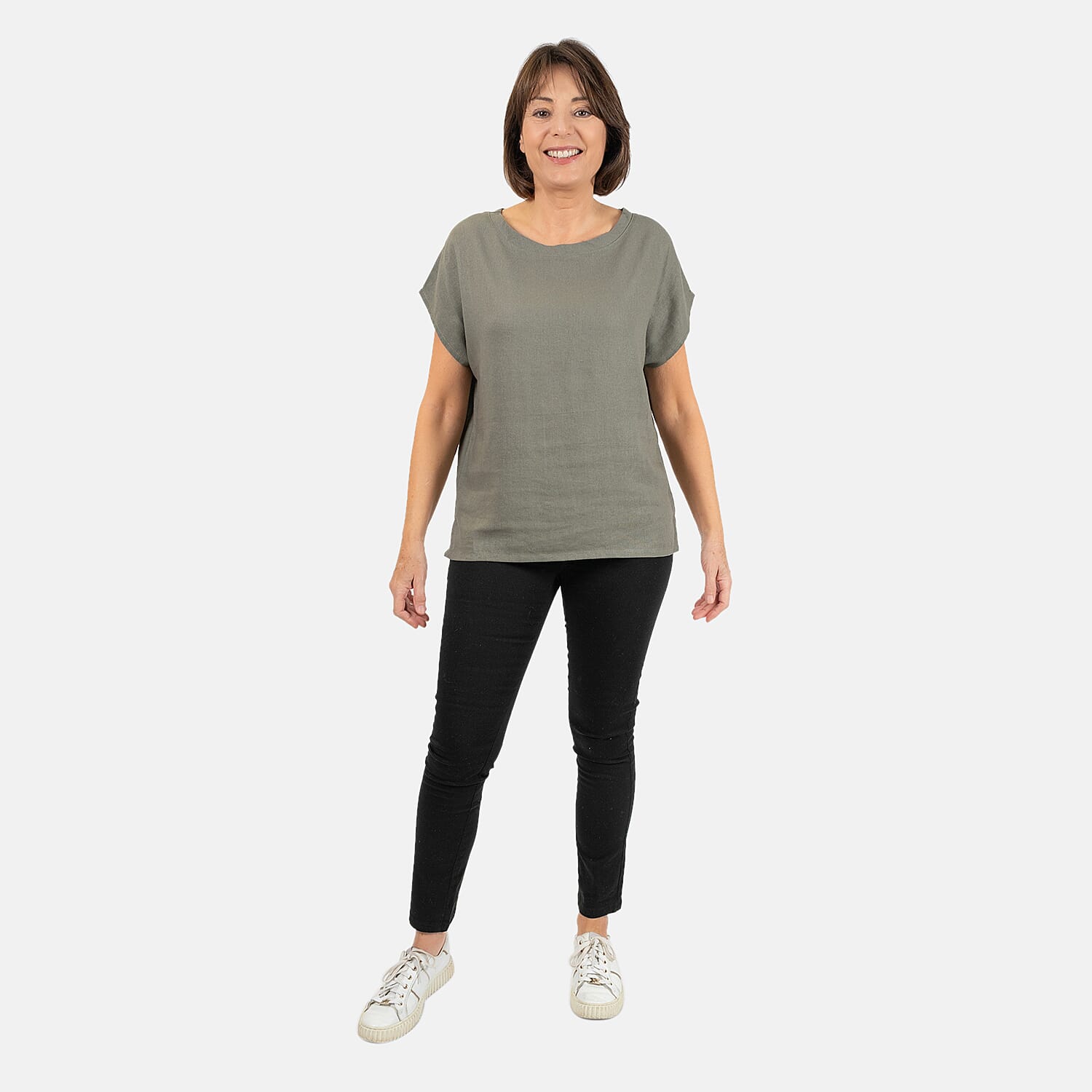 Ladies Crew Neck Linen Top (Size 14) - Khaki