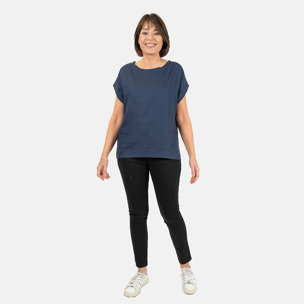 Ladies Crew Neck Linen Top (Size 14) - Navy