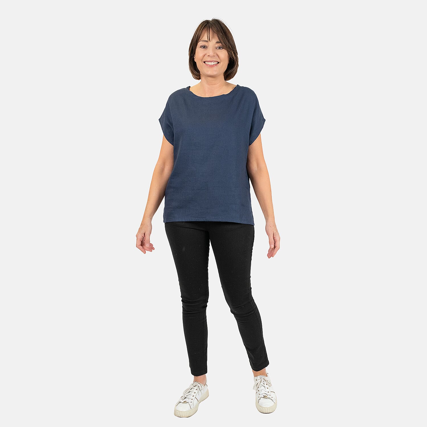 Ladies Crew Neck Linen Top (Size 14) - Navy