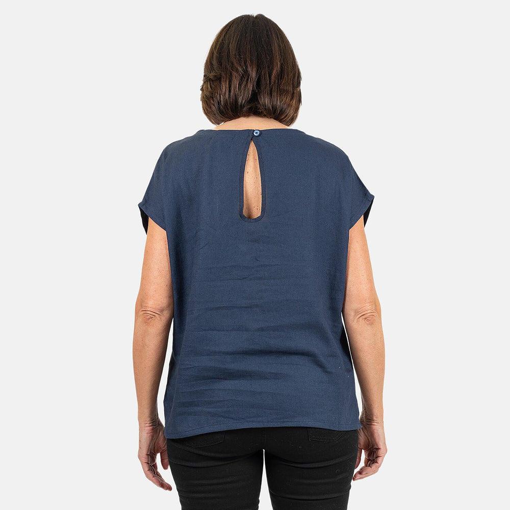 Ladies Crew Neck Linen Top (Size 14) - Navy
