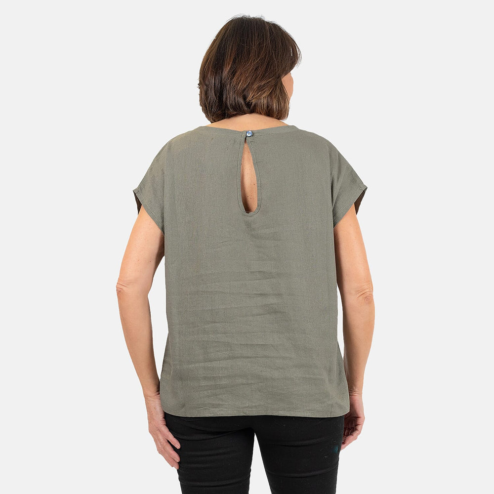 Ladies Crew Neck Linen Top (Size 16) - Khaki