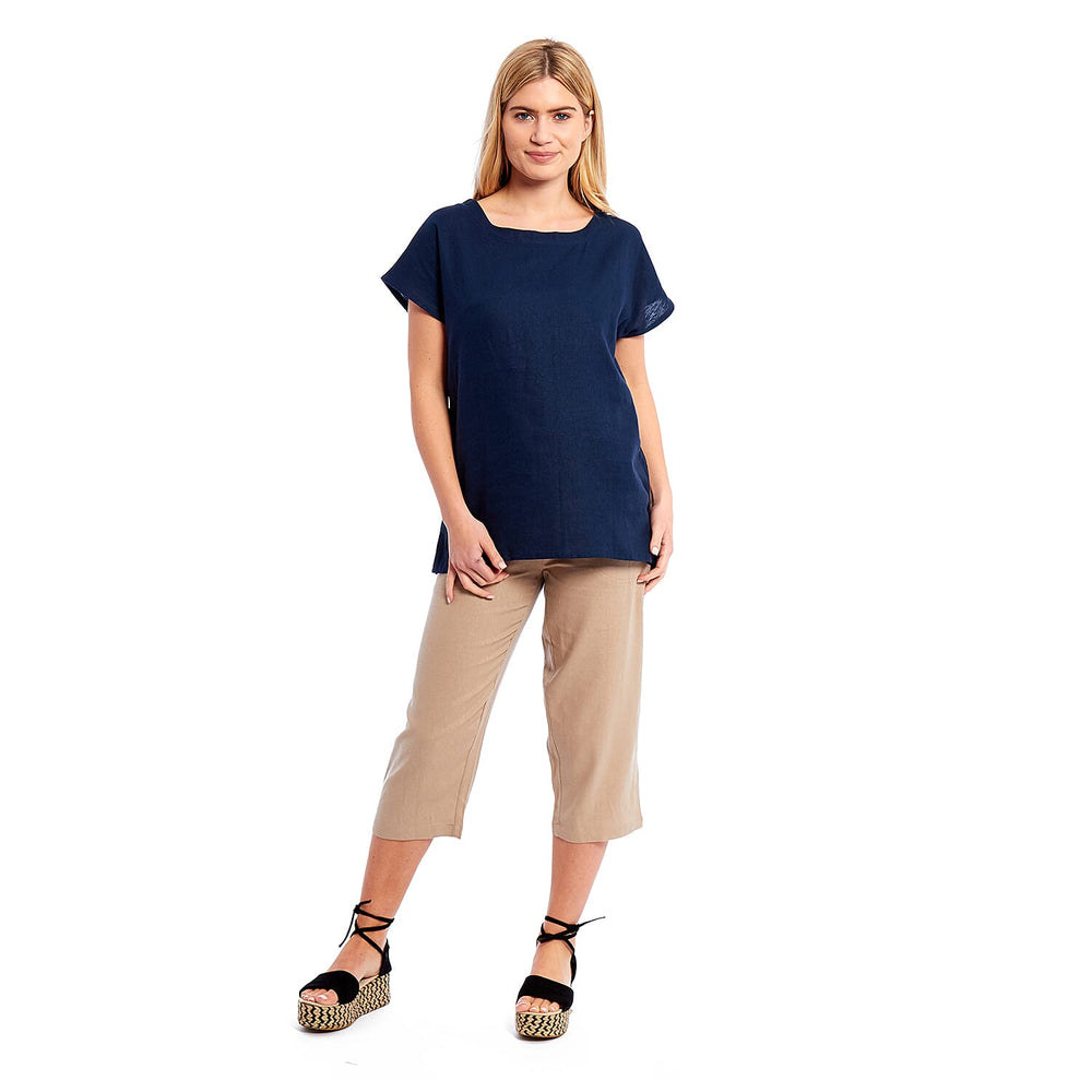 Ladies Crew Neck Linen Top (Size 16) - Navy