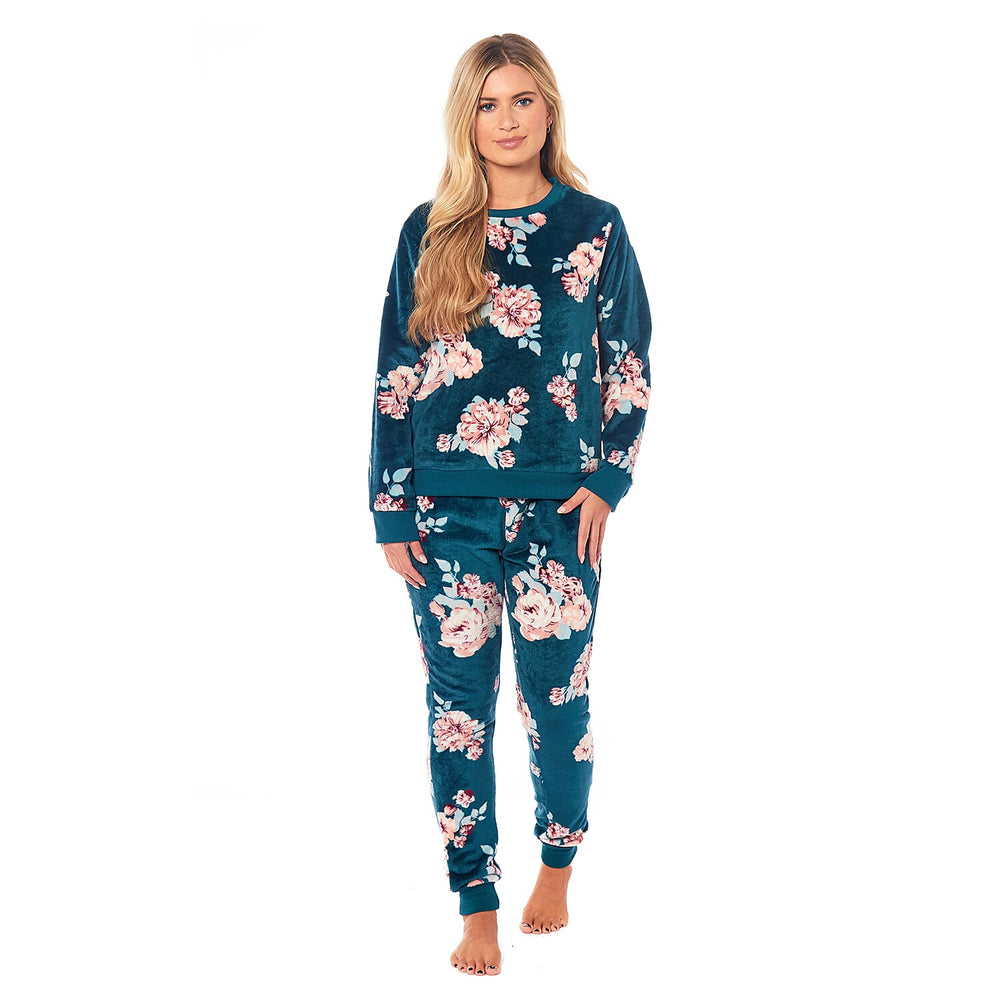 Ladies Floral Printed Flannel Fleece 2 Piece Crew Neck Pyjama Set (Size S) - Green
