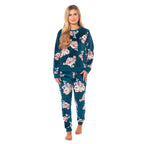 Ladies Floral Printed Flannel Fleece 2 Piece Crew Neck Pyjama Set (Size S) - Green
