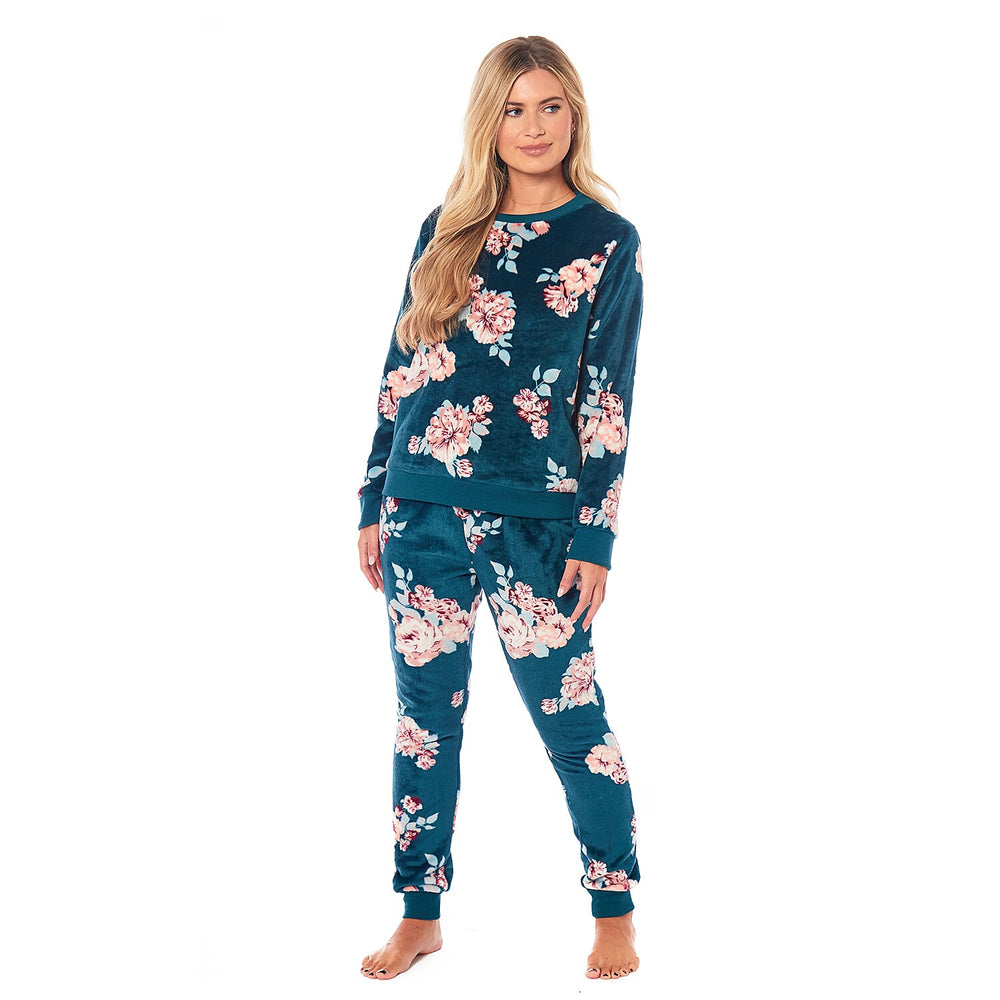 Ladies Floral Printed Flannel Fleece 2 Piece Crew Neck Pyjama Set (Size S) - Green