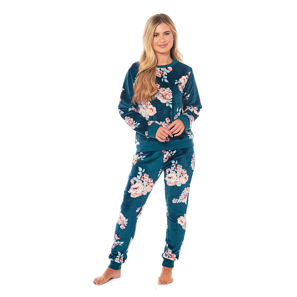 Ladies Floral Printed Flannel Fleece 2 Piece Crew Neck Pyjama Set (Size S) - Green