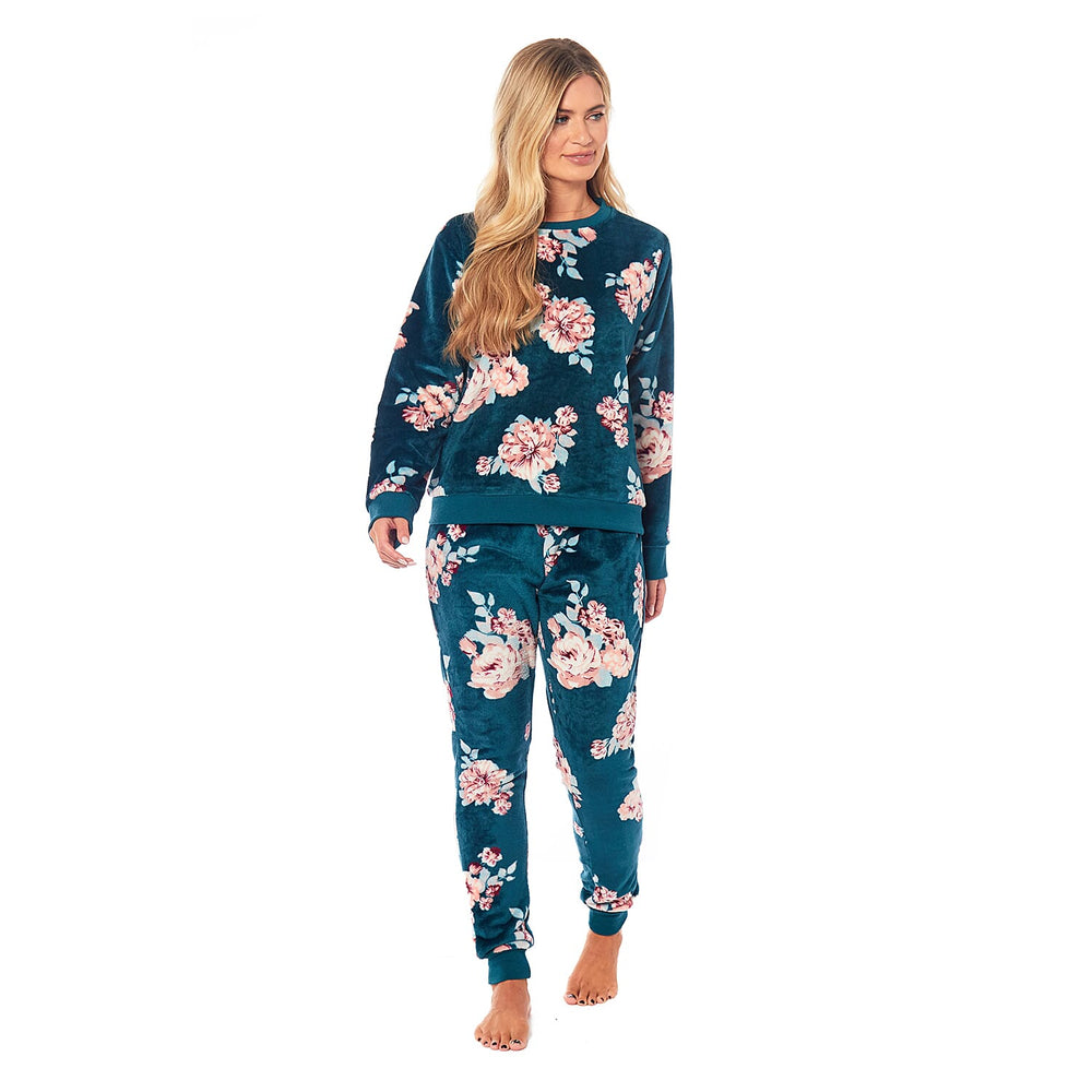 Ladies Floral Printed Flannel Fleece 2 Piece Crew Neck Pyjama Set (Size S) - Green