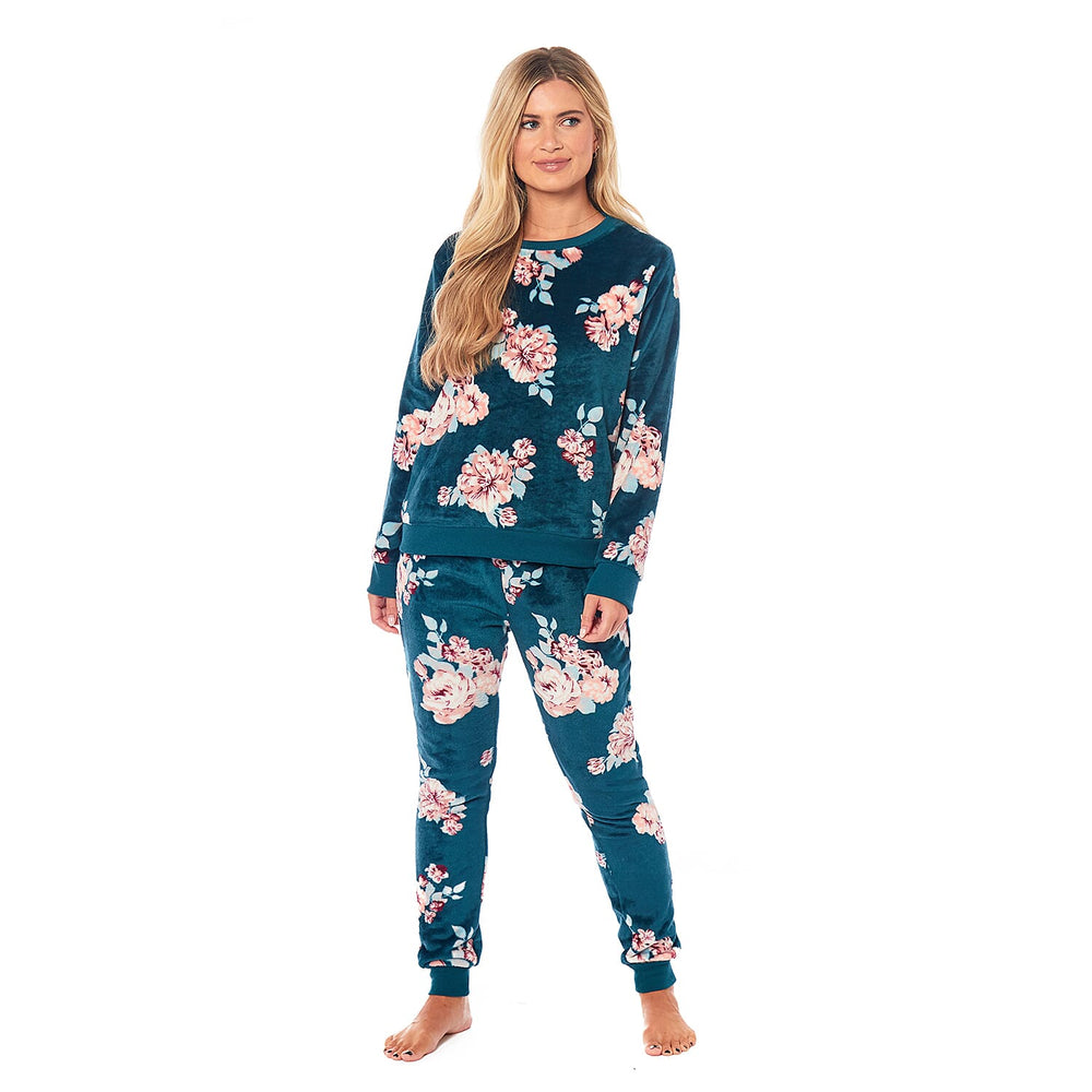 Ladies Floral Printed Flannel Fleece 2 Piece Crew Neck Pyjama Set (Size S) - Green