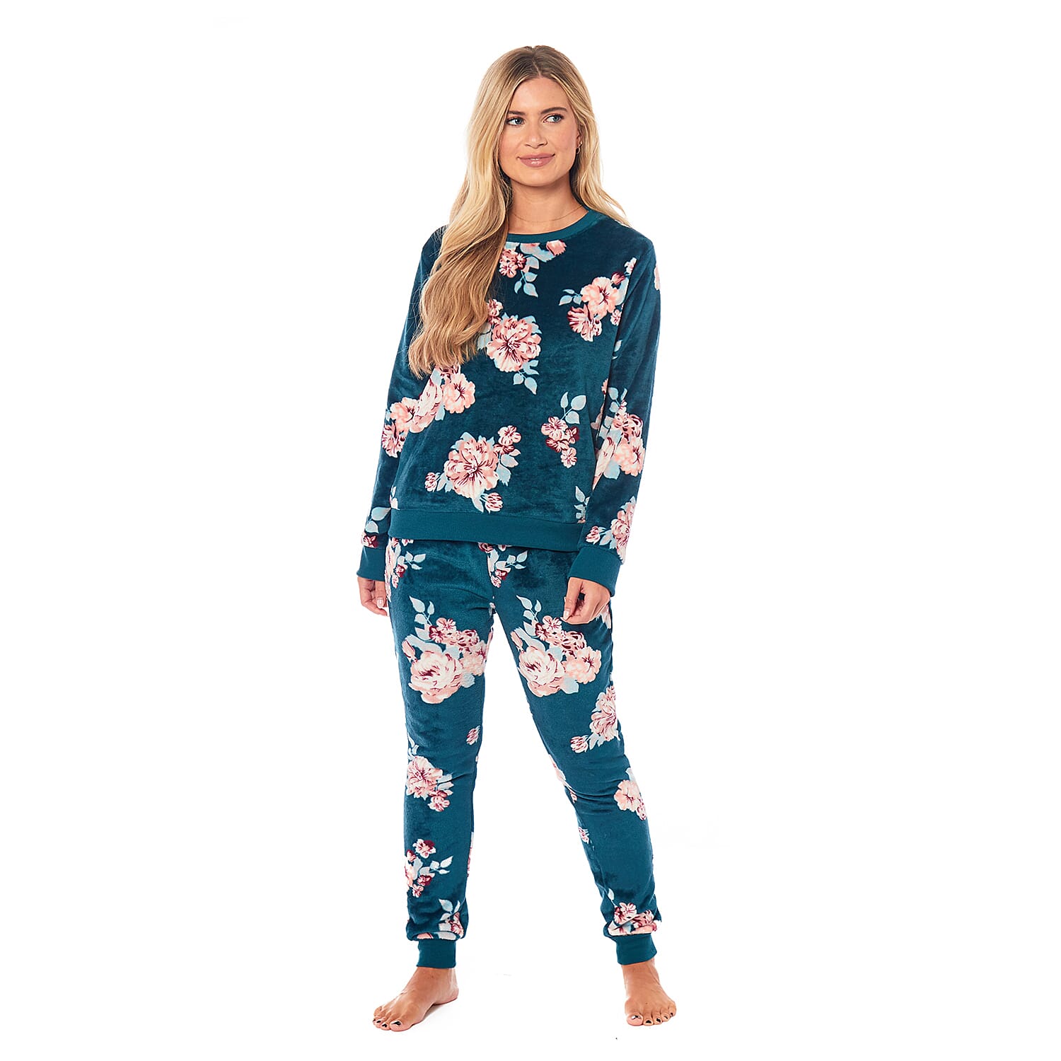 Ladies Floral Printed Flannel Fleece 2 Piece Crew Neck Pyjama Set (Size S) - Green