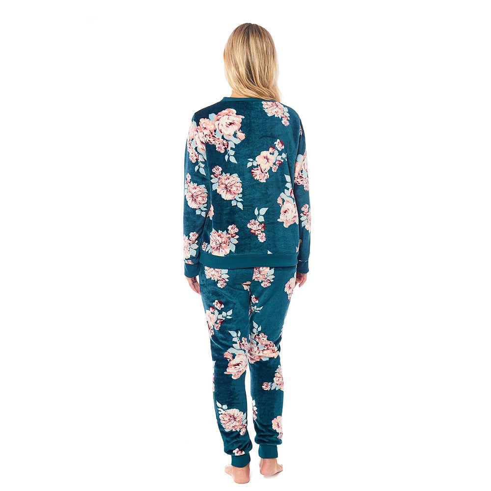 Ladies Floral Printed Flannel Fleece 2 Piece Crew Neck Pyjama Set (Size S) - Green