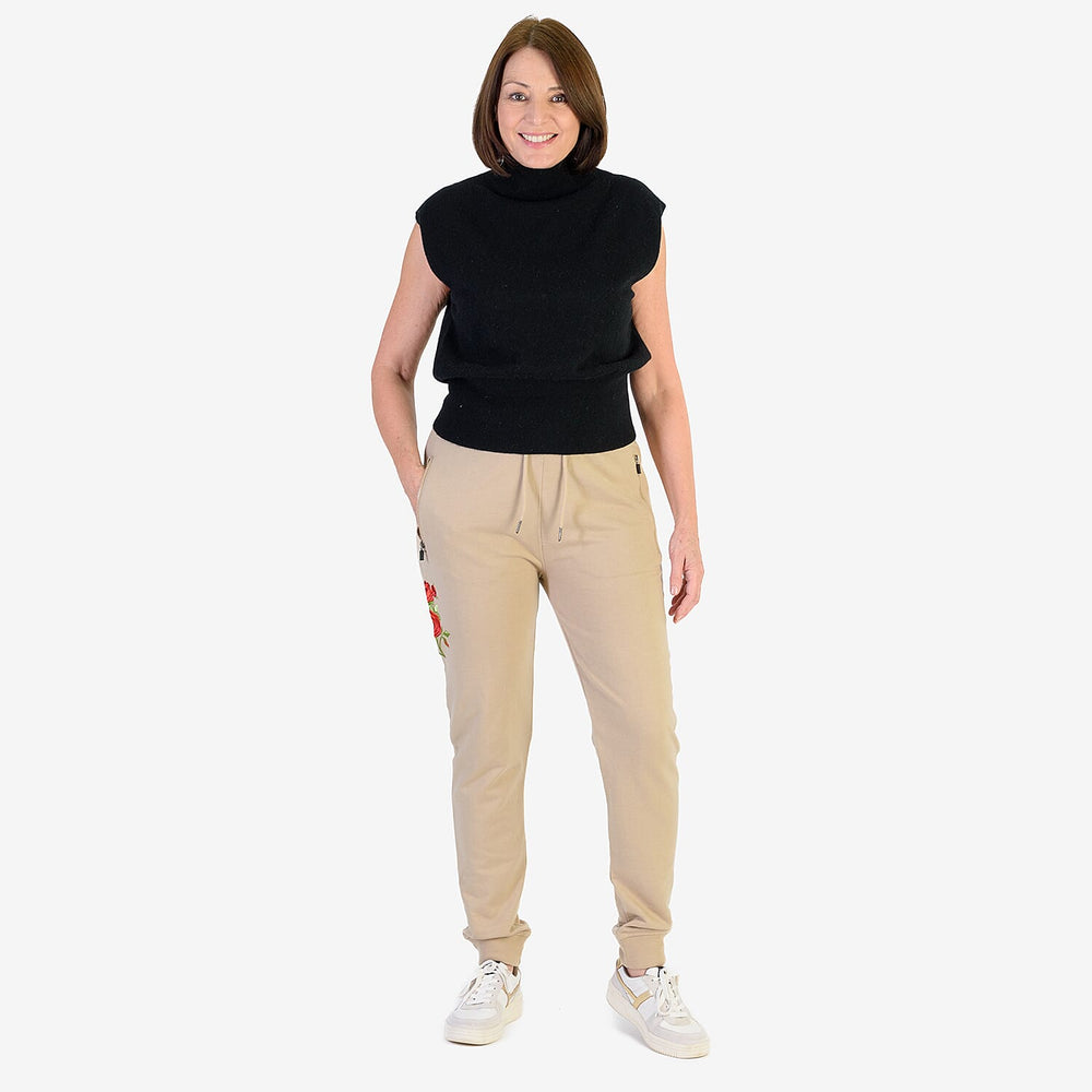 Ladies Flower Embroidered Cuffed Trousers (Size L) - Beige
