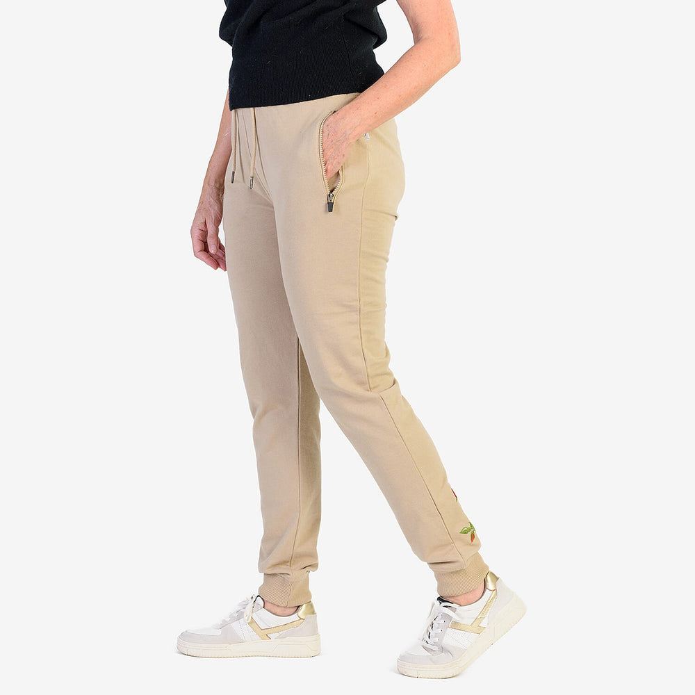 Ladies Flower Embroidered Cuffed Trousers (Size L) - Beige