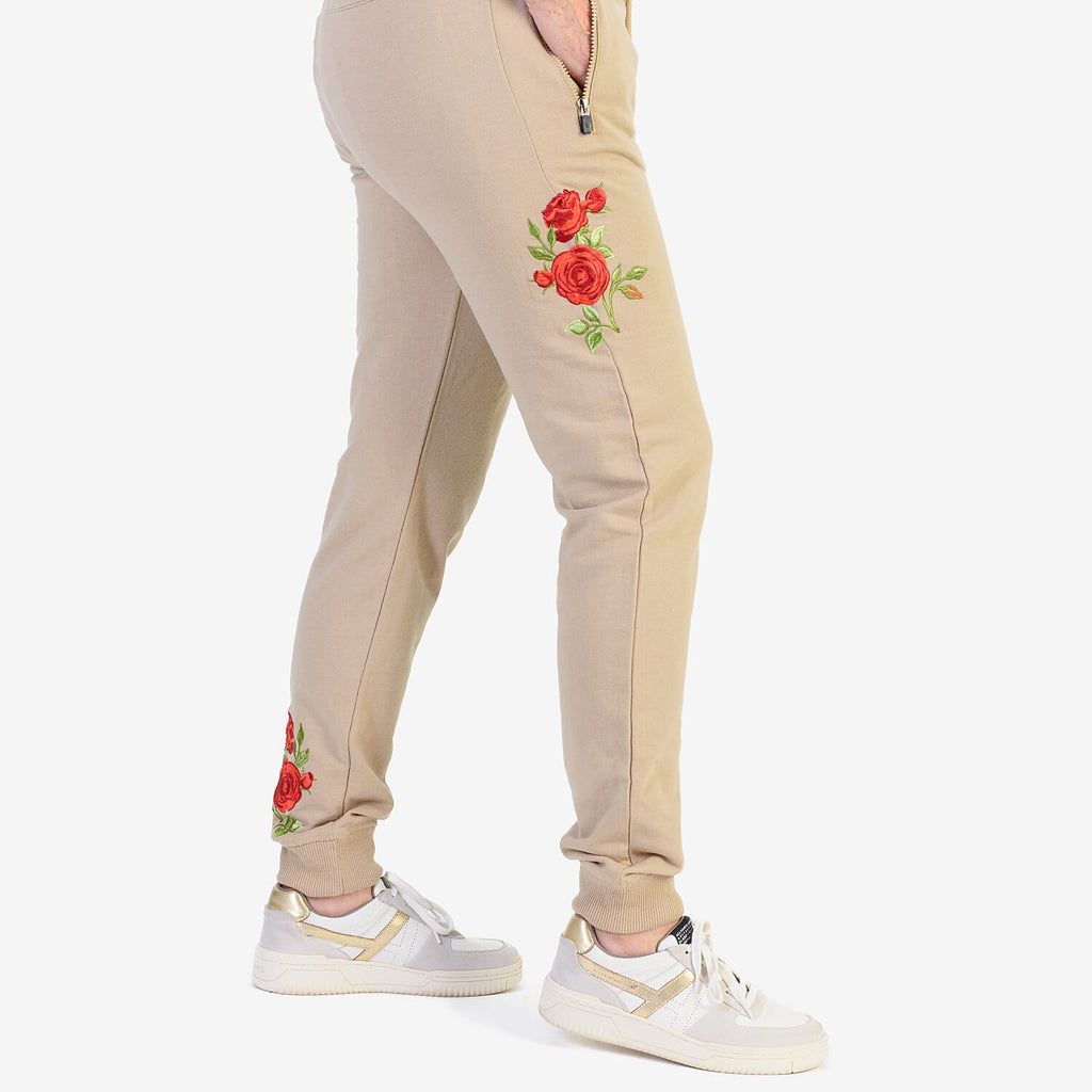 Ladies Flower Embroidered Cuffed Trousers (Size L) - Beige