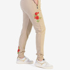 Ladies Flower Embroidered Cuffed Trousers (Size L) - Beige