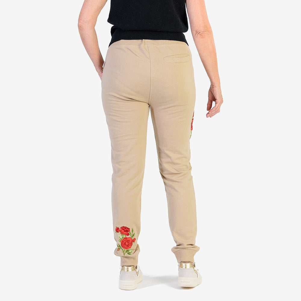 Ladies Flower Embroidered Cuffed Trousers (Size L) - Beige