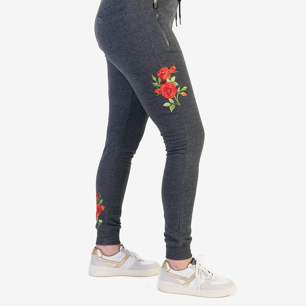 Ladies Flower Embroidered Cuffed Trousers (Size L) - Charcoal