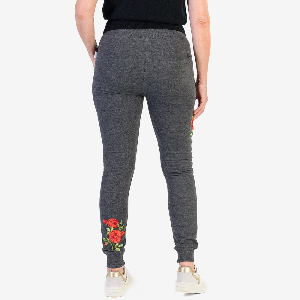 Ladies Flower Embroidered Cuffed Trousers (Size L) - Charcoal