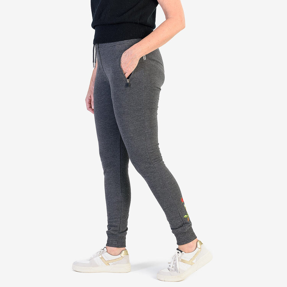 Ladies Flower Embroidered Cuffed Trousers (Size XL) - Charcoal