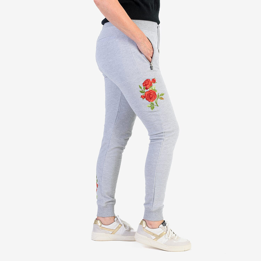 Ladies Flower Embroidered Cuffed Trousers (Size XL) - Grey