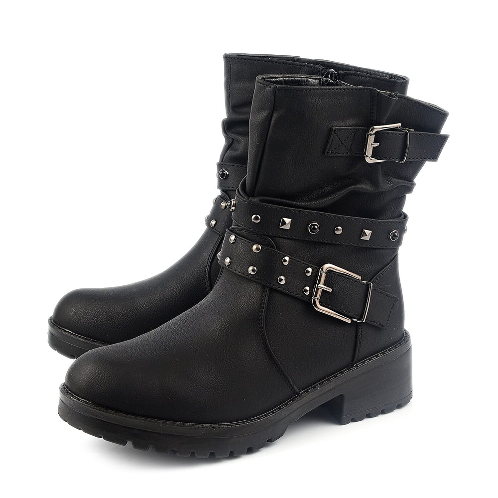 Ladies Leatherette Easy Zip Up Decorative Studded Strap Chunky Ankle Boots (Size 4) - Black