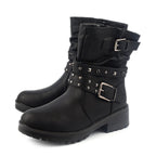 Ladies Leatherette Easy Zip Up Decorative Studded Strap Chunky Ankle Boots (Size 4) - Black