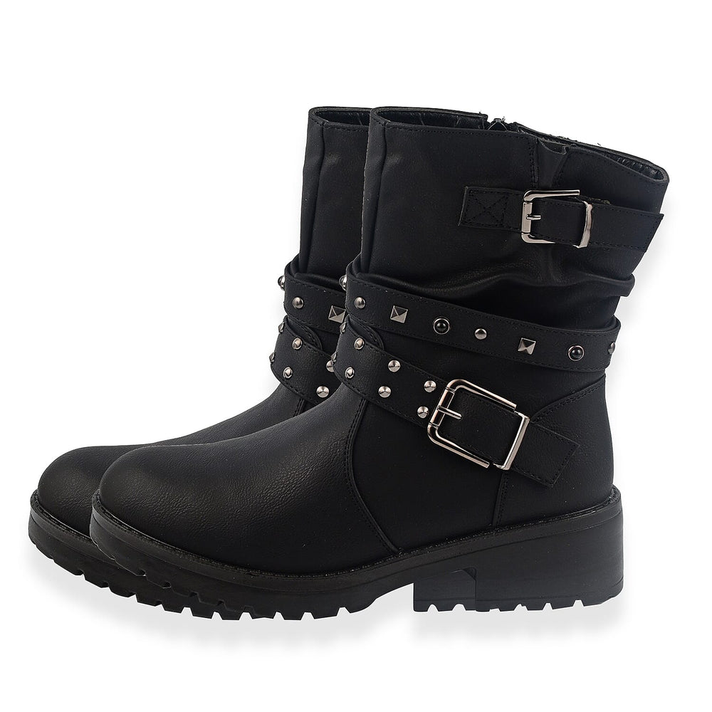 Ladies Leatherette Easy Zip Up Decorative Studded Strap Chunky Ankle Boots (Size 4) - Black