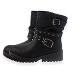 Ladies Leatherette Easy Zip Up Decorative Studded Strap Chunky Ankle Boots (Size 4) - Black