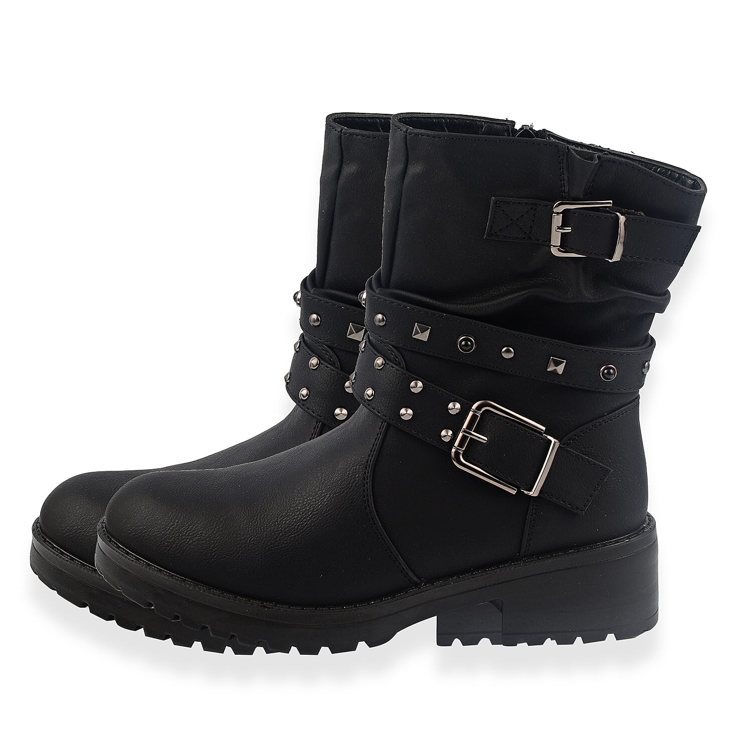 Ladies Leatherette Easy Zip Up Decorative Studded Strap Chunky Ankle Boots (Size 4) - Black