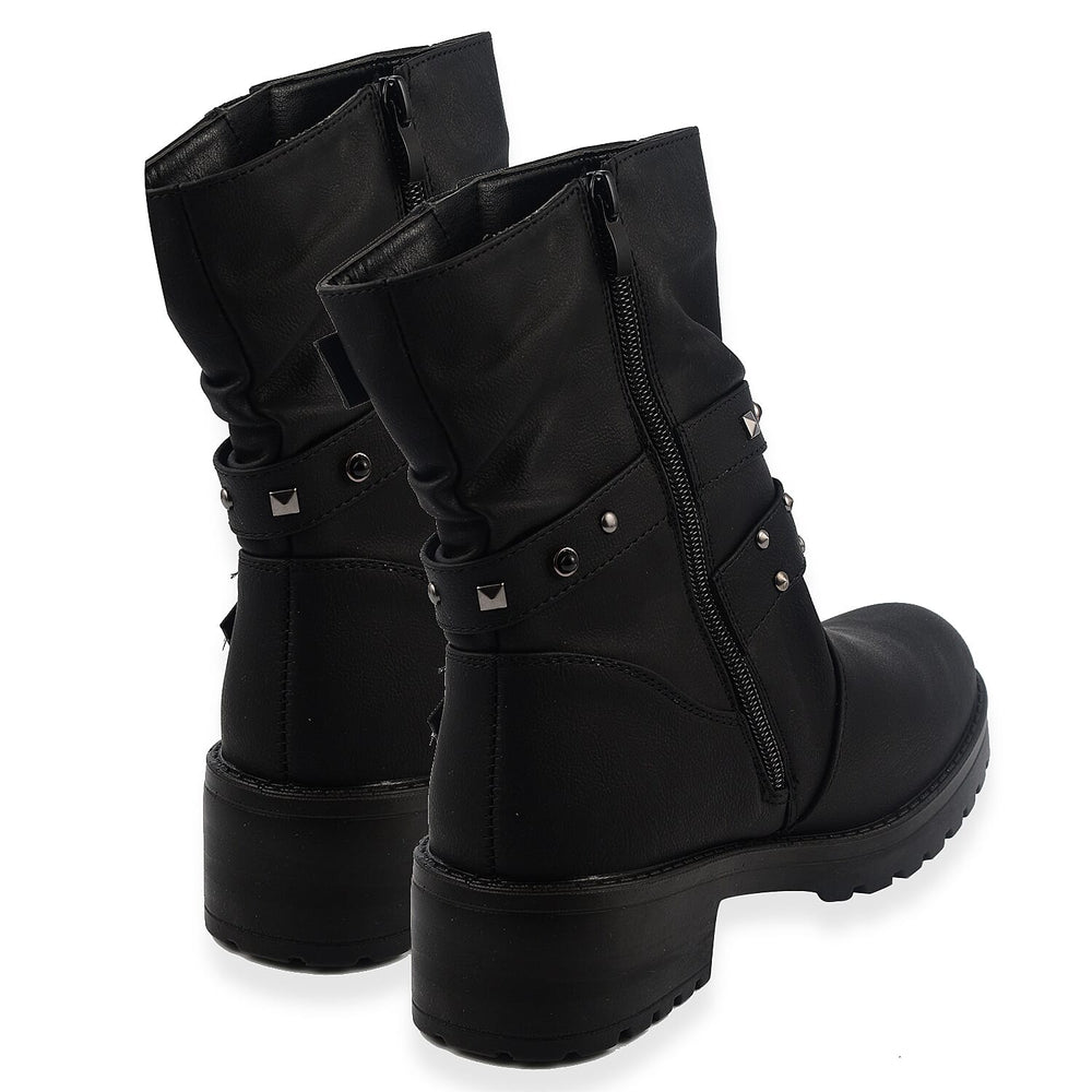 Ladies Leatherette Easy Zip Up Decorative Studded Strap Chunky Ankle Boots (Size 4) - Black