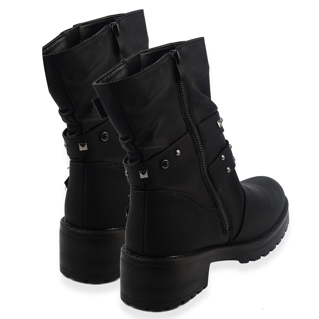 Ladies Leatherette Easy Zip Up Decorative Studded Strap Chunky Ankle Boots (Size 4) - Black