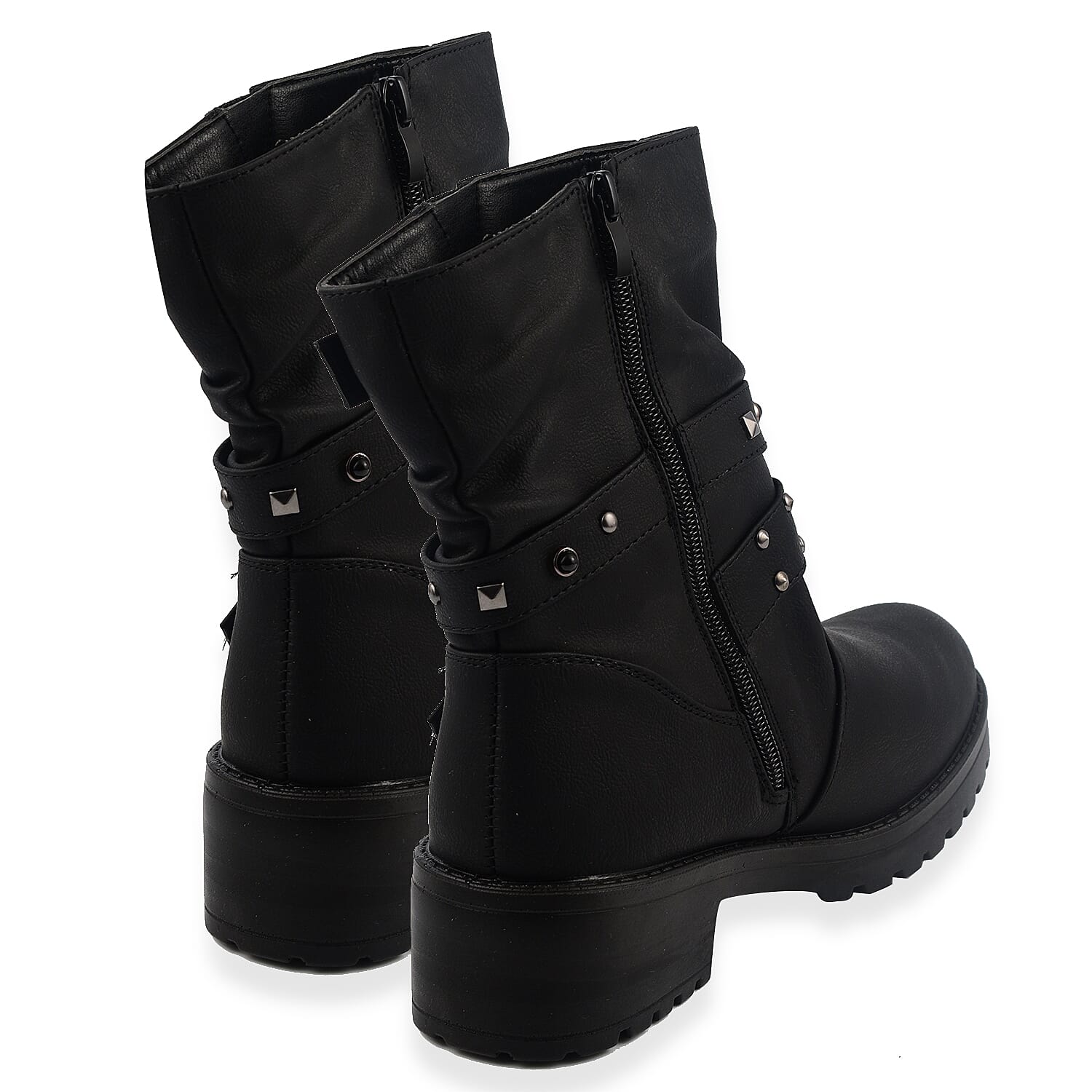 Ladies Leatherette Easy Zip Up Decorative Studded Strap Chunky Ankle Boots (Size 4) - Black
