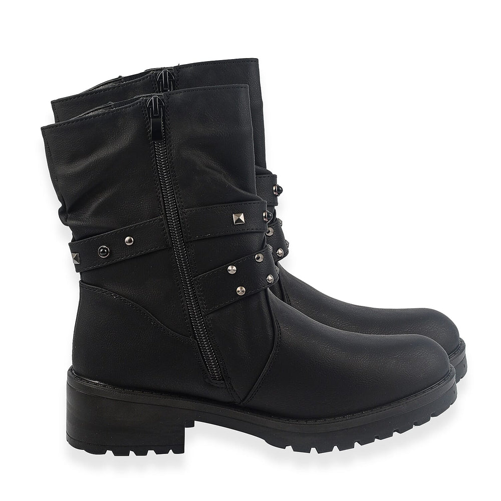 Ladies Leatherette Easy Zip Up Decorative Studded Strap Chunky Ankle Boots (Size 4) - Black