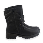 Ladies Leatherette Easy Zip Up Decorative Studded Strap Chunky Ankle Boots (Size 4) - Black