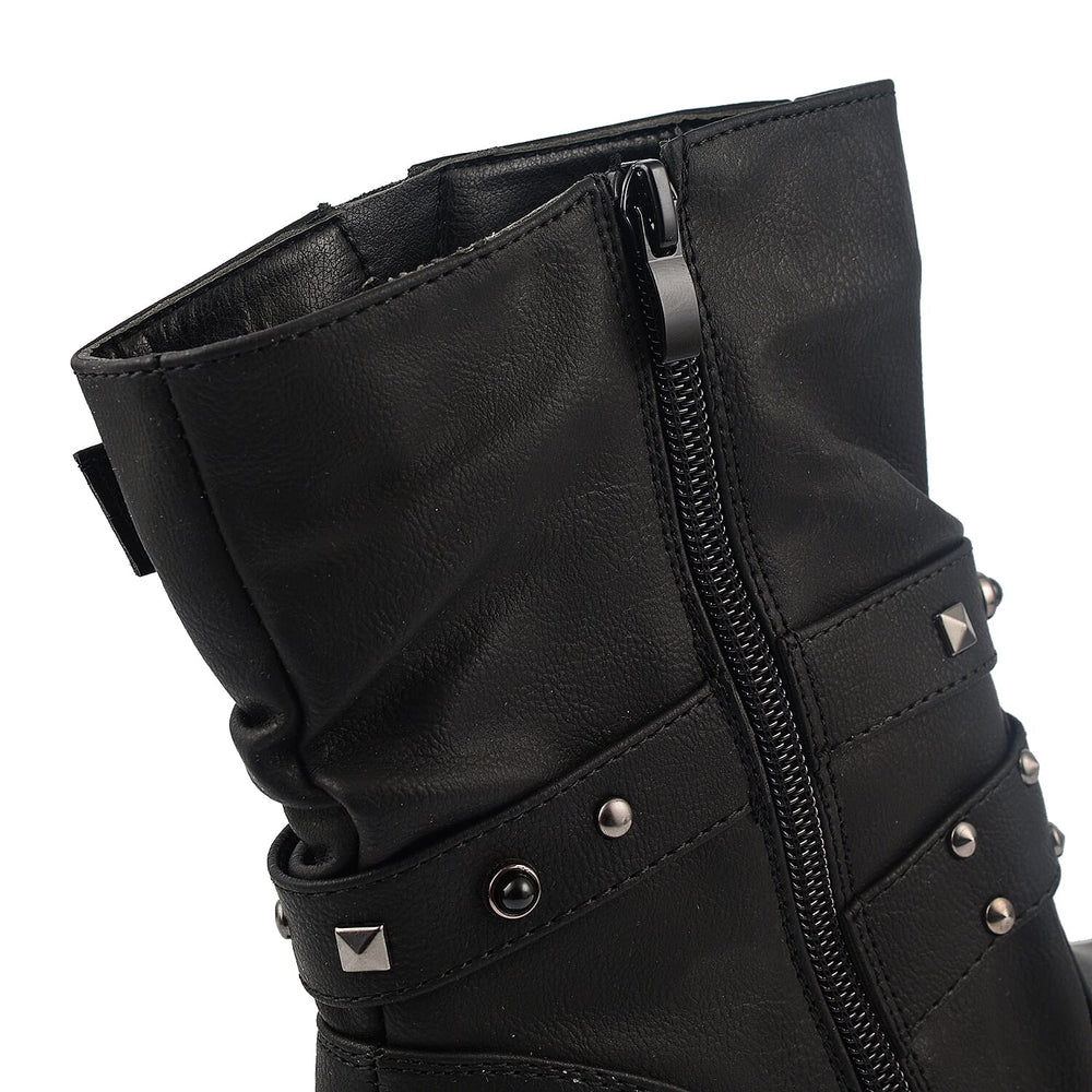 Ladies Leatherette Easy Zip Up Decorative Studded Strap Chunky Ankle Boots (Size 4) - Black