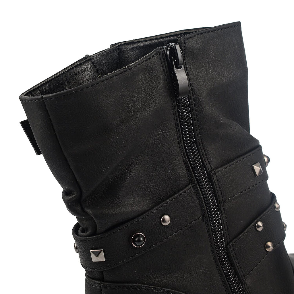 Ladies Leatherette Easy Zip Up Decorative Studded Strap Chunky Ankle Boots (Size 4) - Black