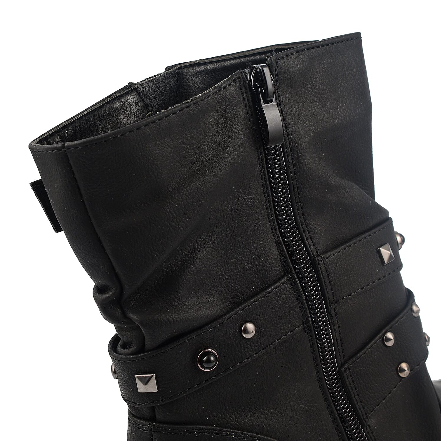 Ladies Leatherette Easy Zip Up Decorative Studded Strap Chunky Ankle Boots (Size 4) - Black