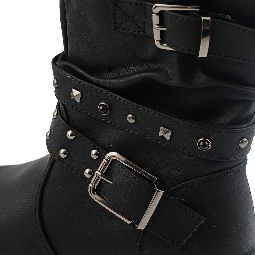 Ladies Leatherette Easy Zip Up Decorative Studded Strap Chunky Ankle Boots (Size 4) - Black