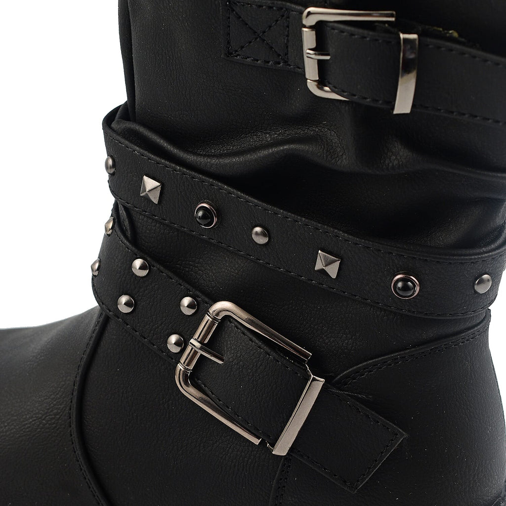 Ladies Leatherette Easy Zip Up Decorative Studded Strap Chunky Ankle Boots (Size 4) - Black