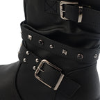 Ladies Leatherette Easy Zip Up Decorative Studded Strap Chunky Ankle Boots (Size 4) - Black