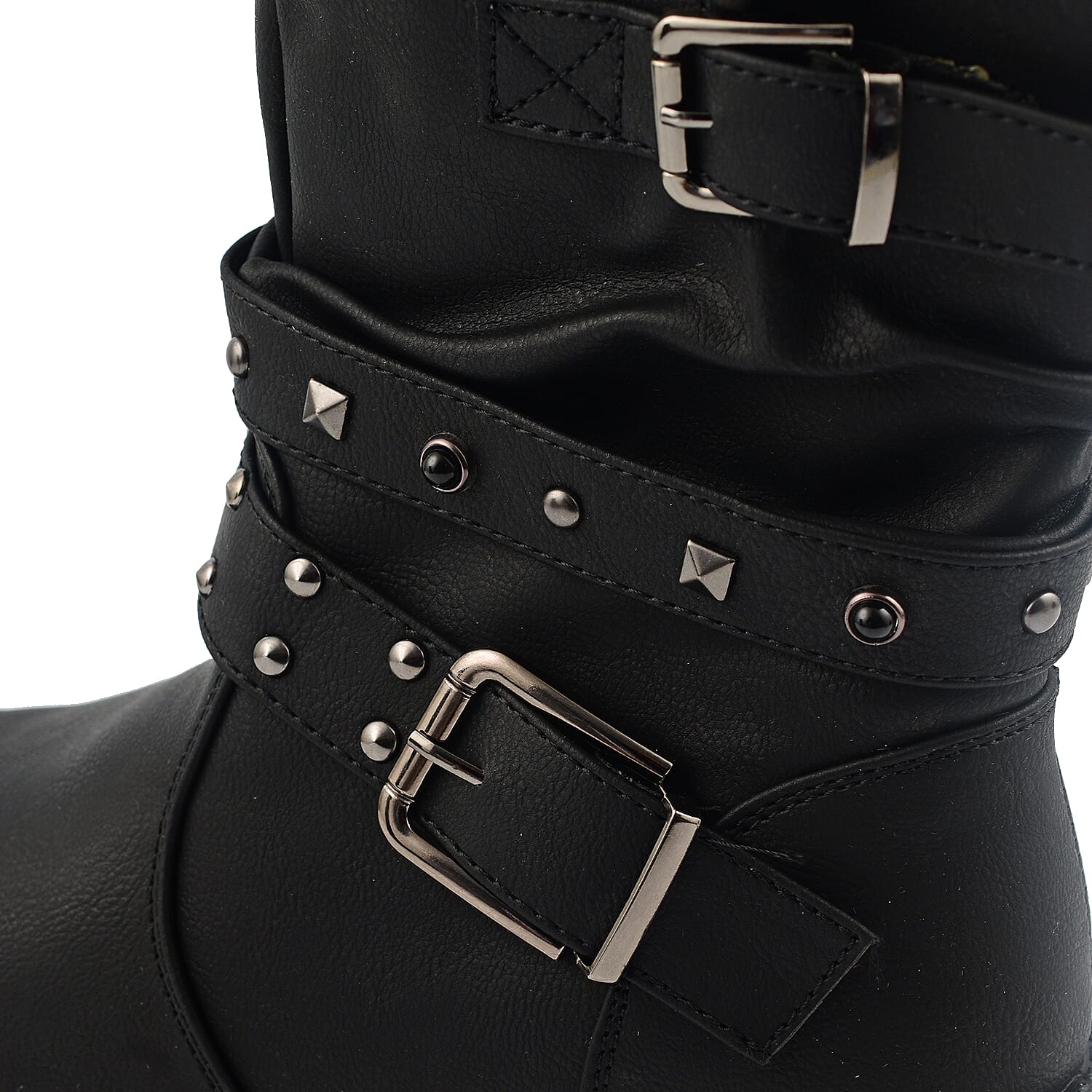 Ladies Leatherette Easy Zip Up Decorative Studded Strap Chunky Ankle Boots (Size 4) - Black