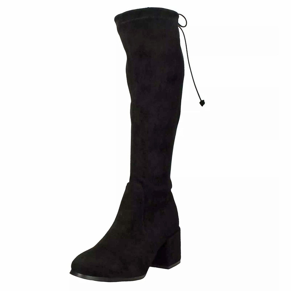 Ladies Mid Block Heel Back Tie High Leg Boots (Size 3) - Black