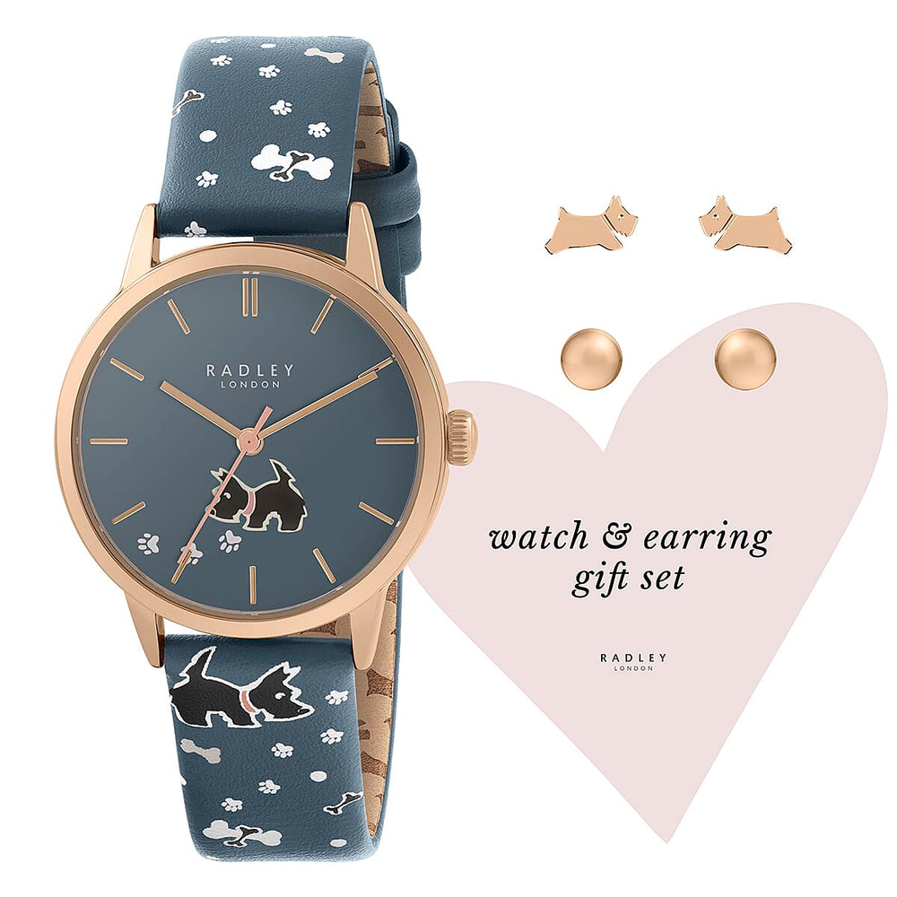 Ladies Radley Watch-Leather Strap with Scottie Dog and Round Earring Studs With Push Back - Wate Resistant - Blue