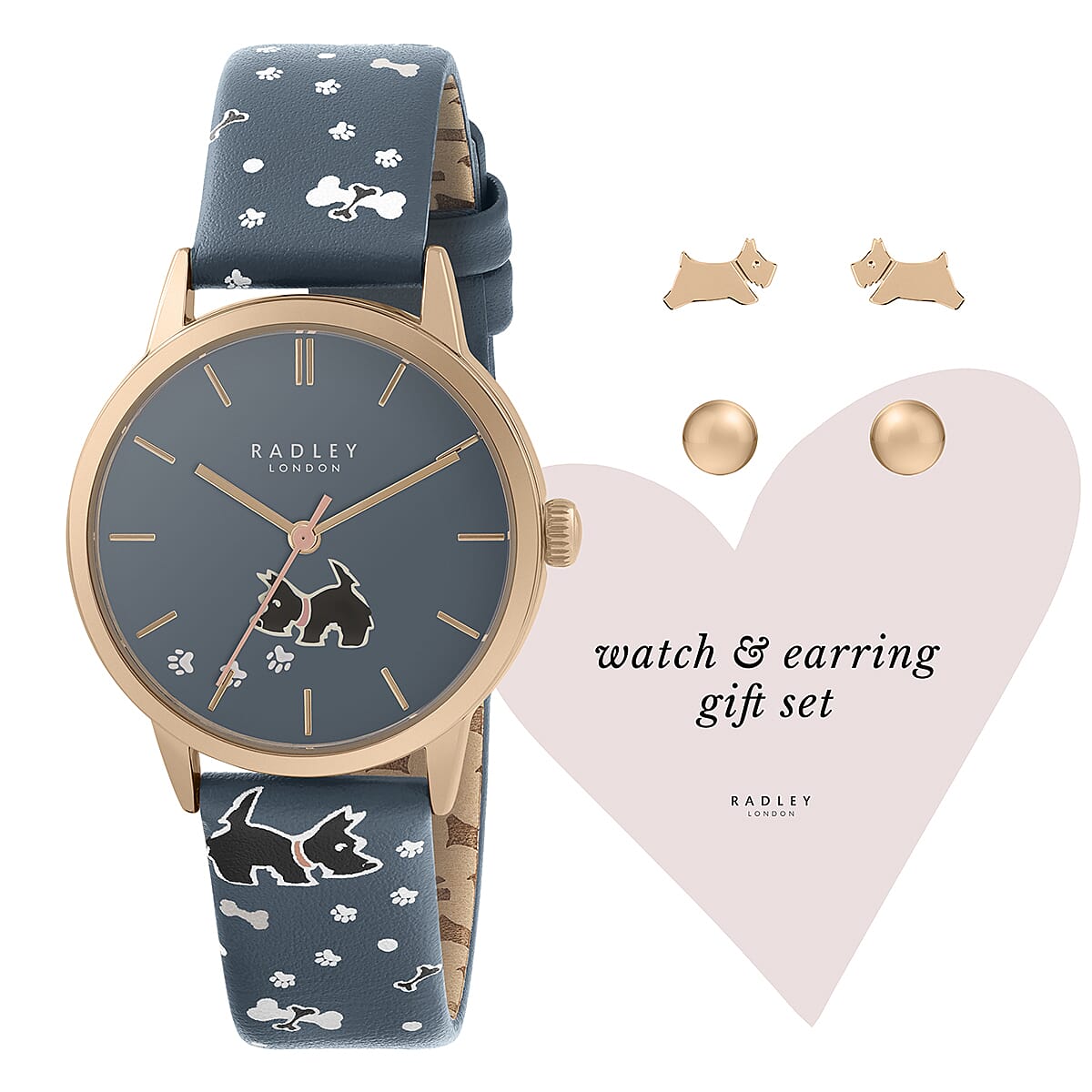 Ladies Radley Watch-Leather Strap with Scottie Dog and Round Earring Studs With Push Back - Wate Resistant - Blue