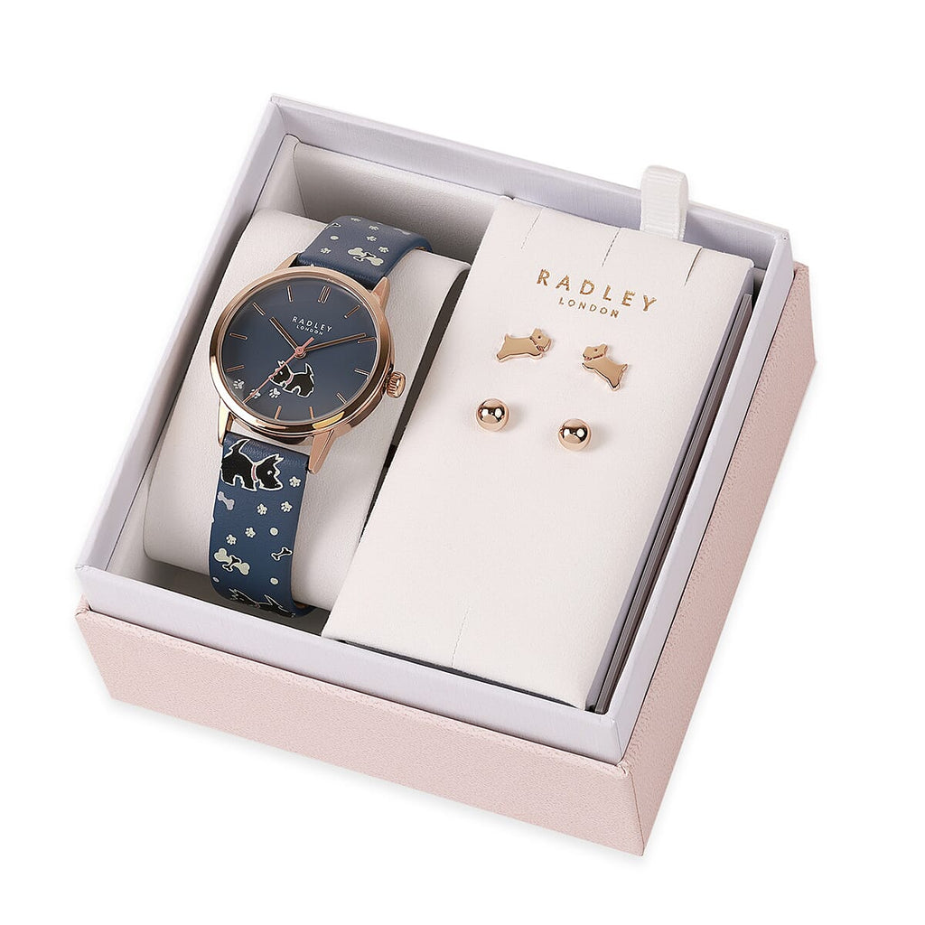Ladies Radley Watch-Leather Strap with Scottie Dog and Round Earring Studs With Push Back - Wate Resistant - Blue