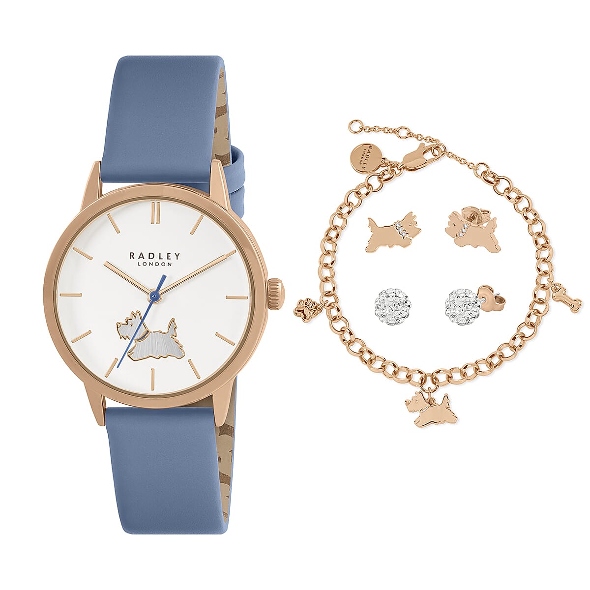 Ladies Radley Watch Set with Charm Bracelet, Scottie Dog and Crystal Earring Studs With Push Back - Blue