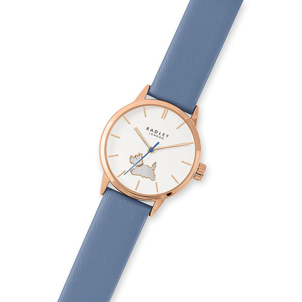 Ladies Radley Watch Set with Charm Bracelet, Scottie Dog and Crystal Earring Studs With Push Back - Blue