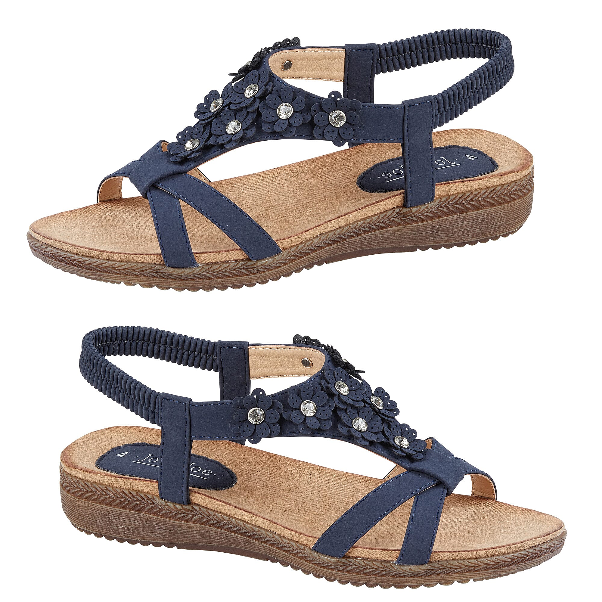 Jo - Joe Naples Cross Over Floral Embellishment Slight Wedge Sandal (Size 3) - Navy