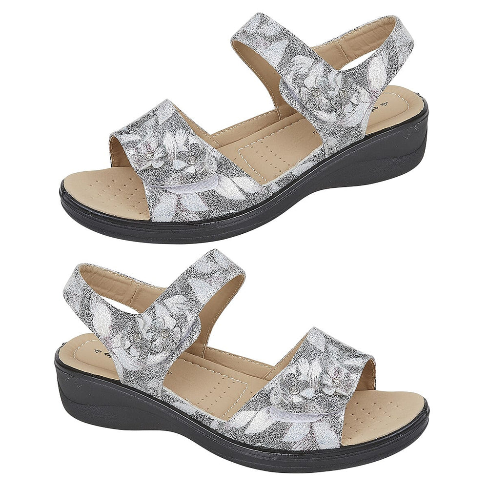 ShoeTree Comfort-AZALEA Ladies Floral Print Summer Holiday Touch and Close Sandal (Size 5) - Silver