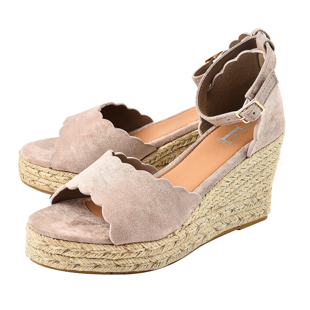 Espadrille Ladies Ria High Wedge Sandal with Scallop and Buckle (Size 7) - Sand